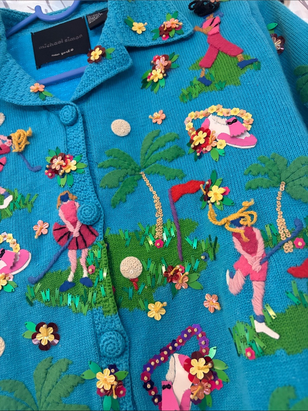 Michael Simon Women’s Teal Embroidered Tropical Golf Shirt - Picture 3 of 5